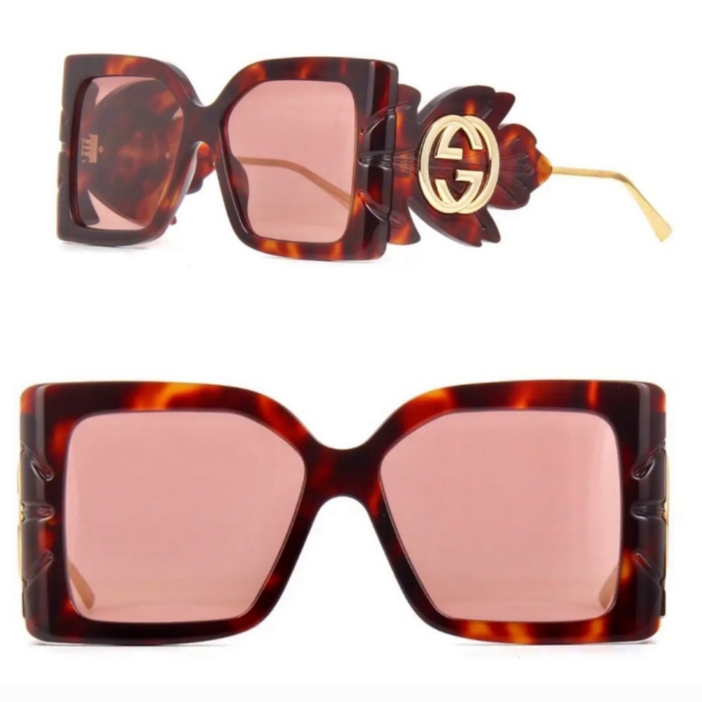 Gucci Tortoise/Gold GG0535S Leaf Motif Oversized Sunglasses Butterfly